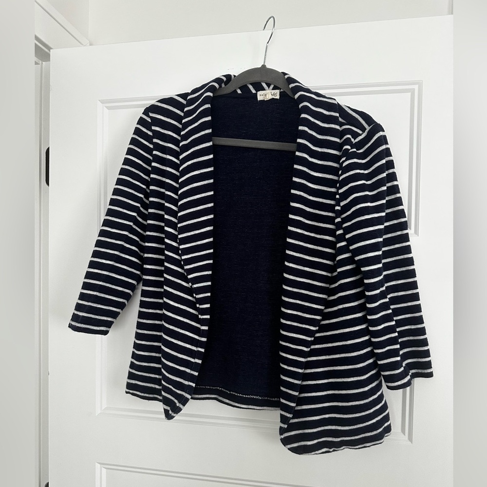 Maison Jules Navy and White Knit Striped Open Front Blazer with pockets.